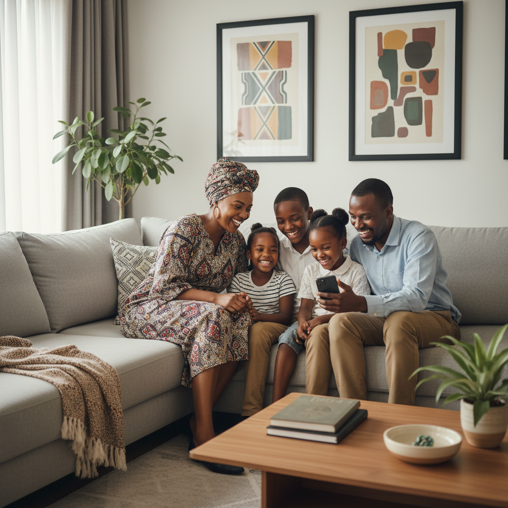Family smiling while looking at a smartphone